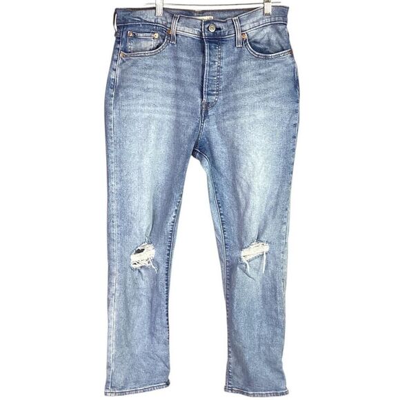 Levis Jeans Women 32 Blue High Rise Wedgie Straight Button Fly Stretch Distress - Picture 1 of 12